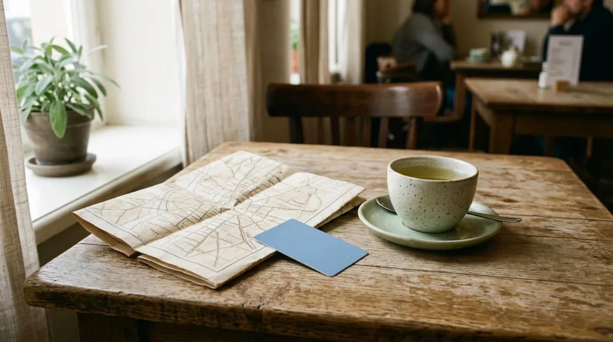 Transit card and folded map on cafe table edge