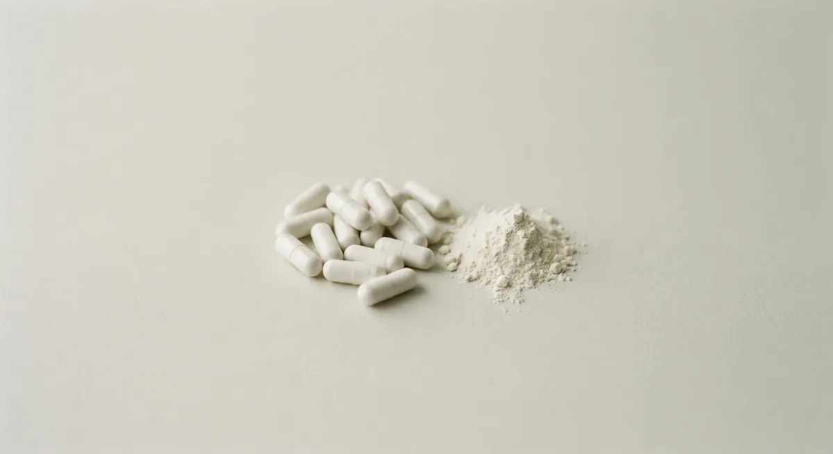 Unlabeled capsules and powder on a pale seamless background