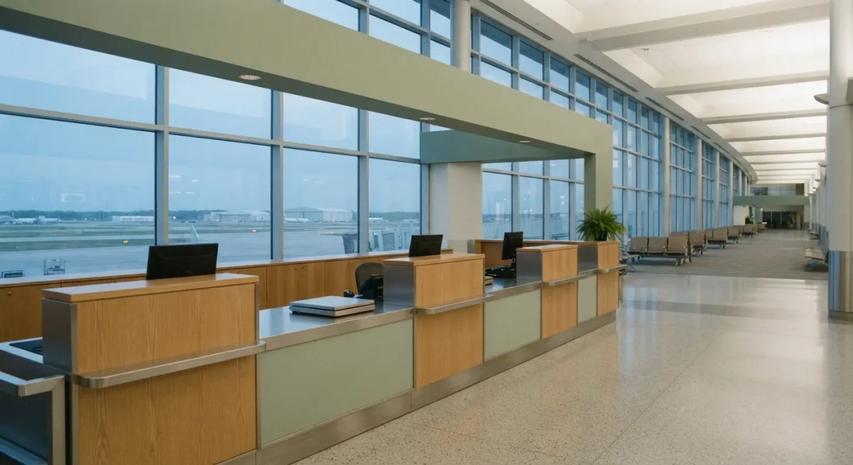 Empty airline service counter with a closed gate behind glass at dusk