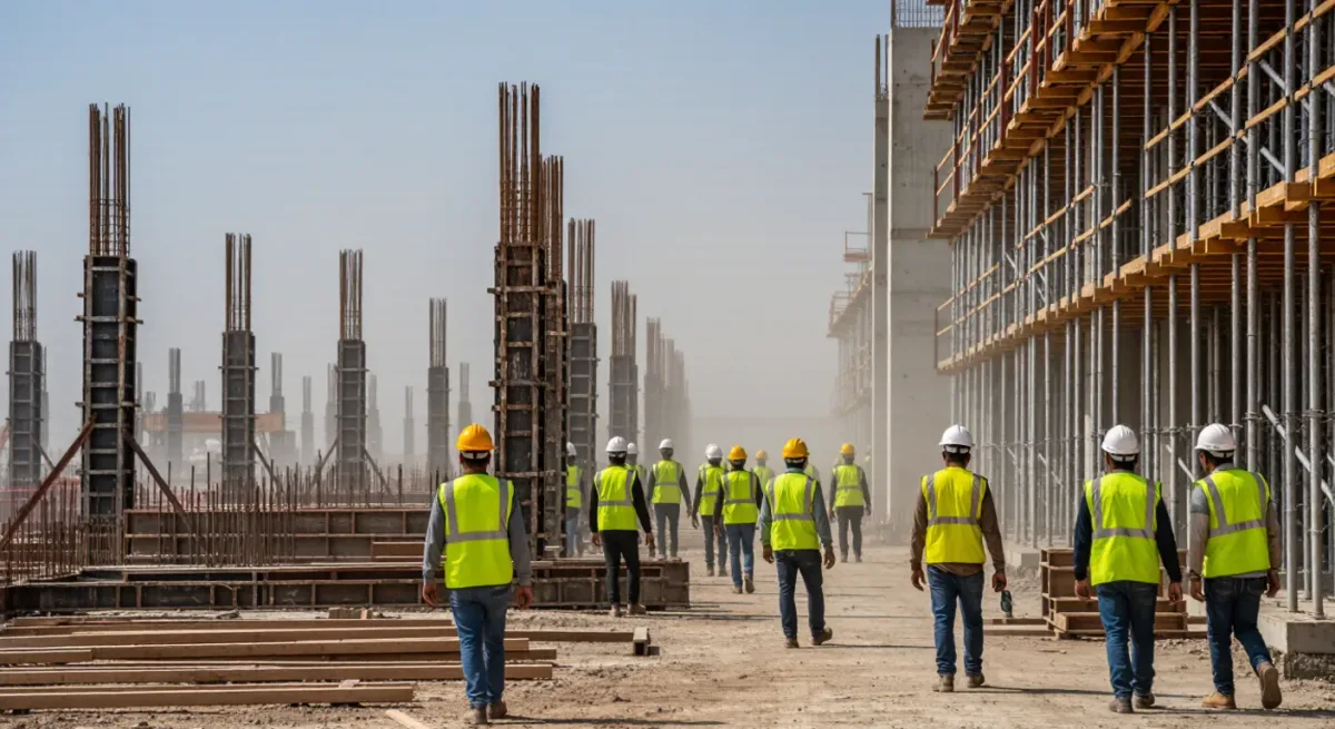 Workers at a Gulf construction site at morning break