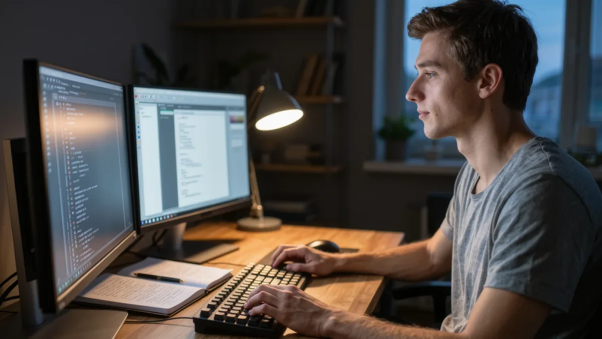 Security researcher testing web applications at a home workstation