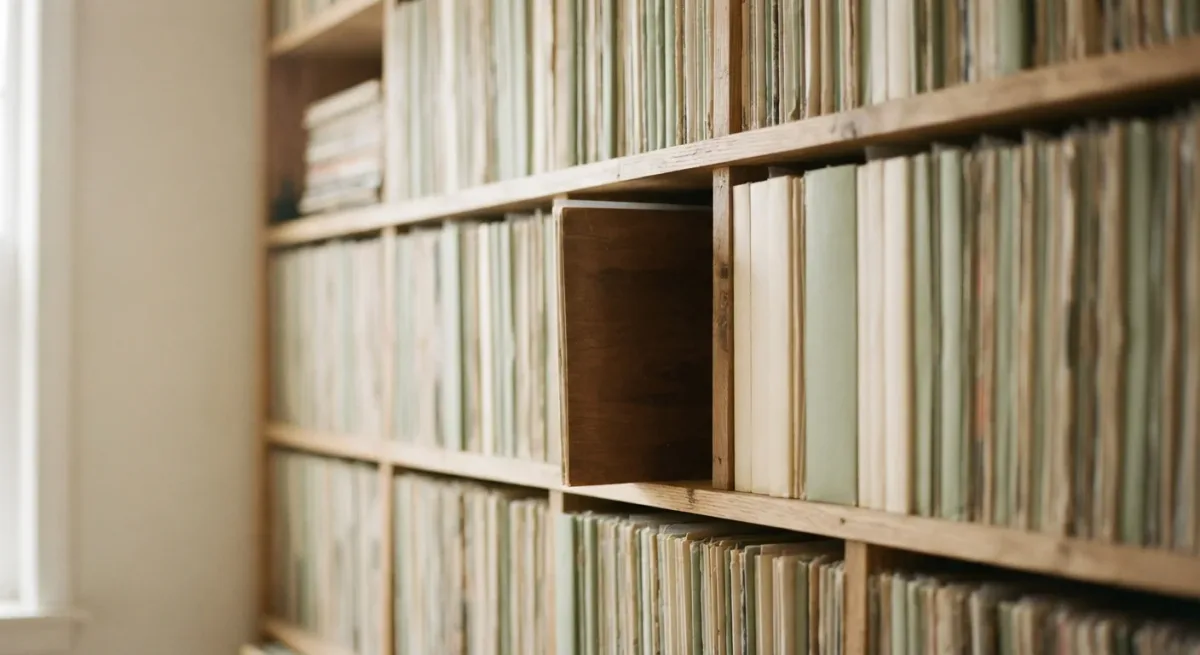 Dense record wall with one sleeve pulled out