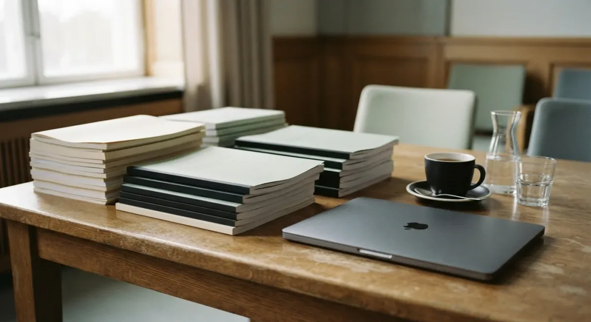 Stacked regulatory reports beside a closed laptop on a table