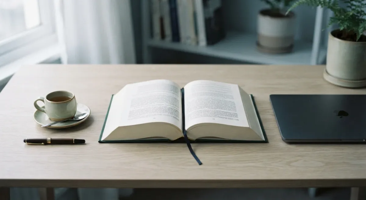 Open statute volume on a desk beside a closed laptop