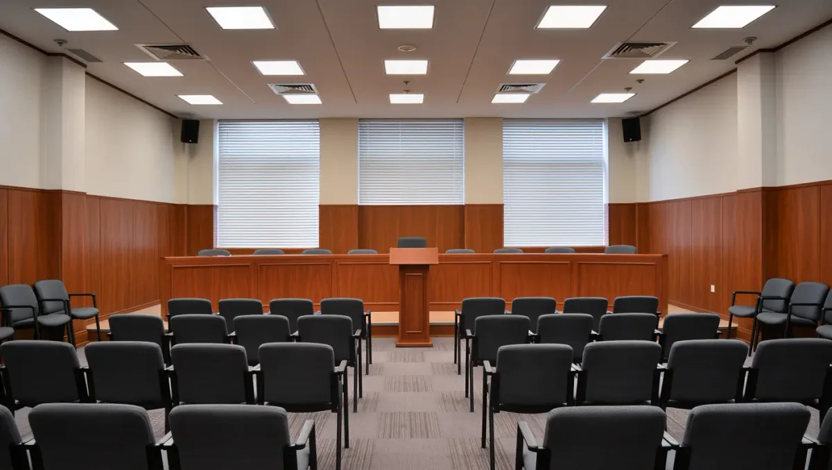 Empty federal agency hearing room with rows of chairs in flat daylight