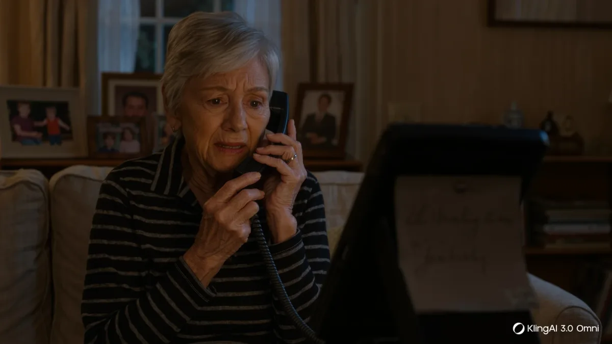 Older woman checking a phone with a worried but skeptical expression at home