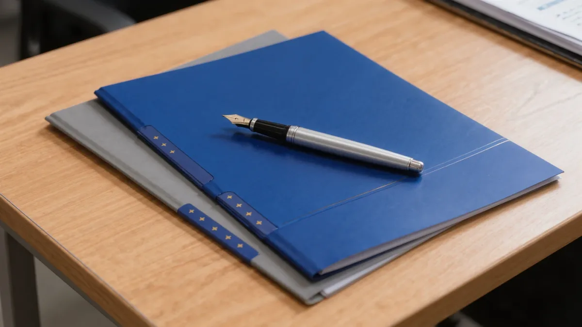 Close-up of a model file dossier and signing pen on a regulator's desk