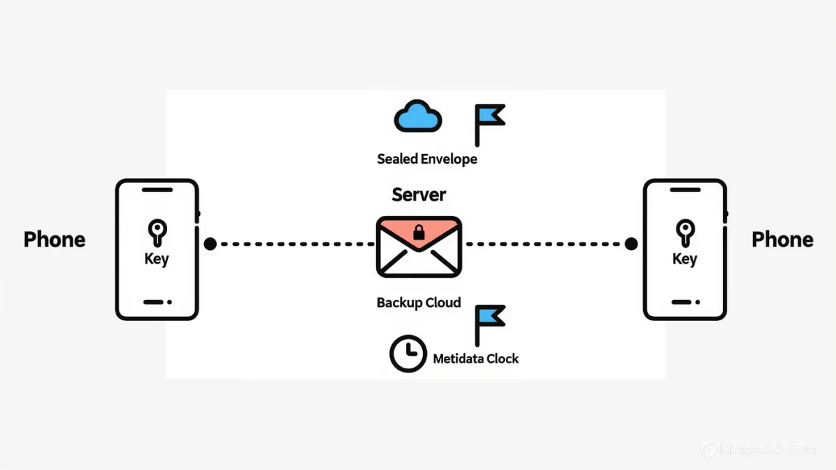 Infographic of an encrypted message traveling sealed between two phones