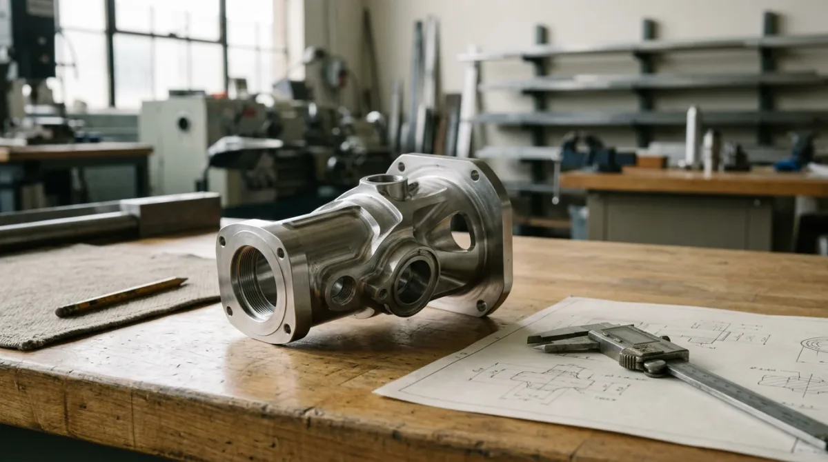 Abstract machined aerospace component on workbench in soft light