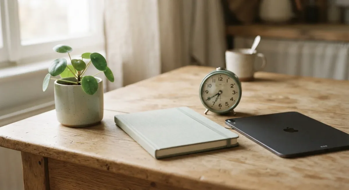 Tablet resting face-down on a kitchen table beside a small analog clock