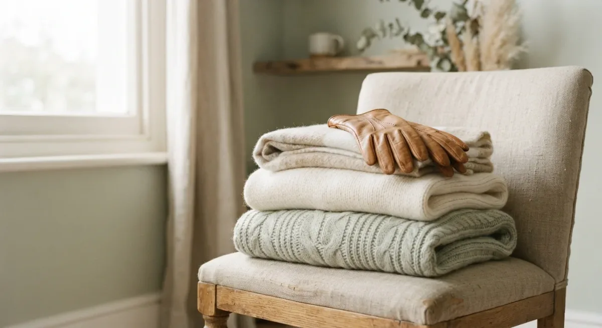 Folded wool knitwear and scarf on a linen chair