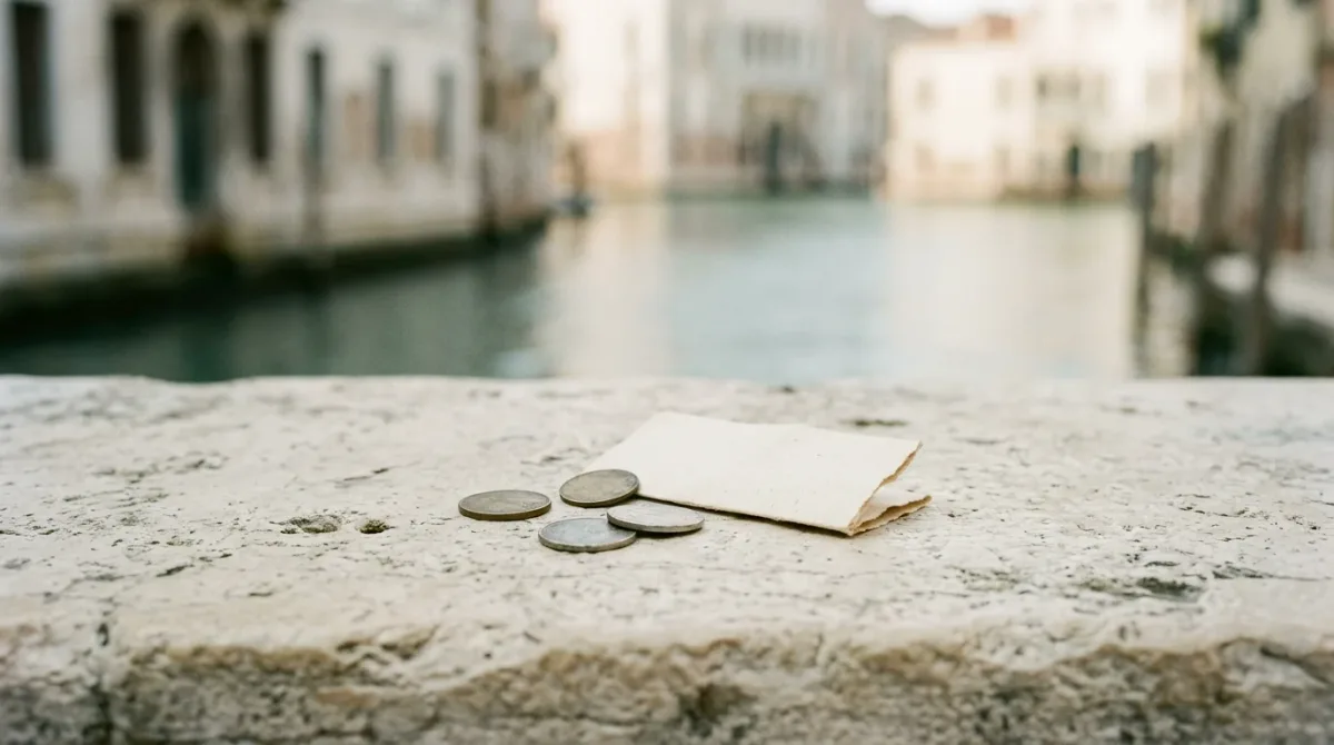 Small brass coins and a folded paper ticket on stone