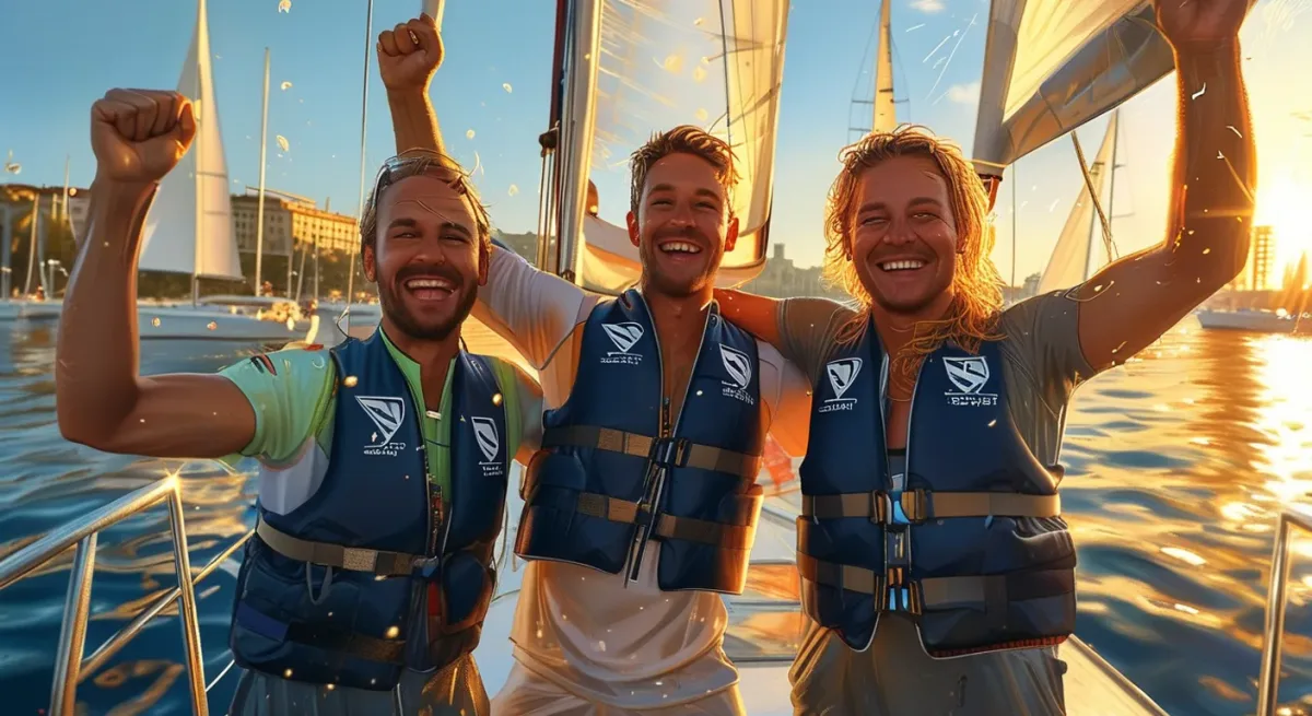 Sailing crews celebrating on dock at regatta's final evening