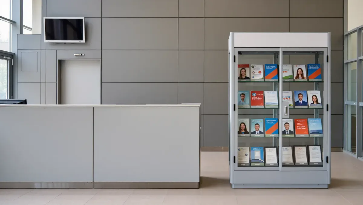Glass pamphlet case in an unstaffed HR lobby with plain counter