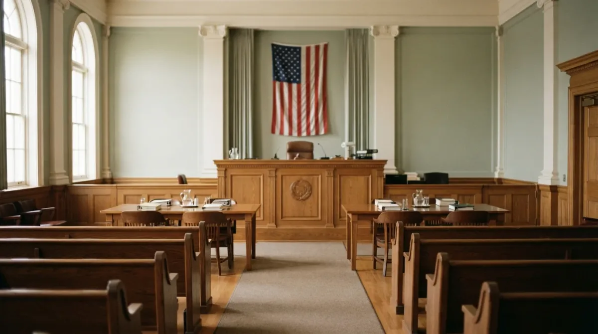 Empty courtroom bench and wooden counsel tables in still light