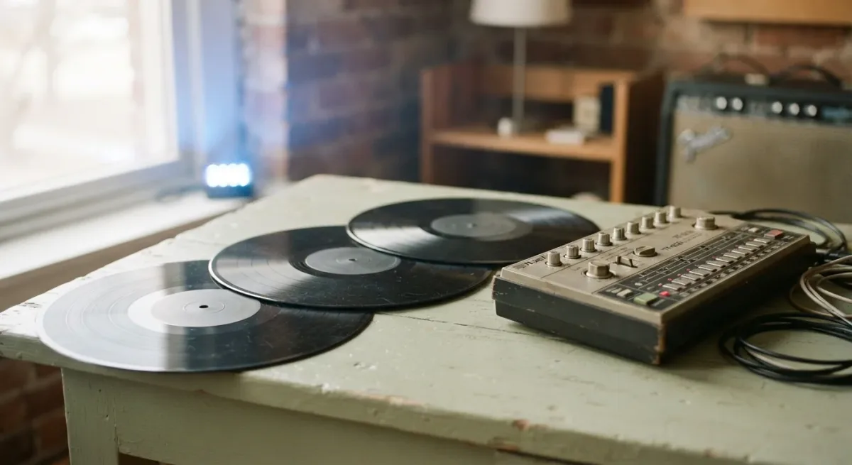 Vinyl records and drum machine under colored club light