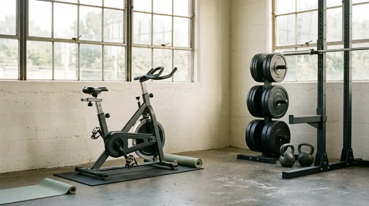 Empty gym floor with a stationary bike in morning light through high windows