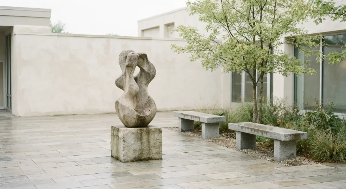 Plaza with abstract sculpture and benches in morning light