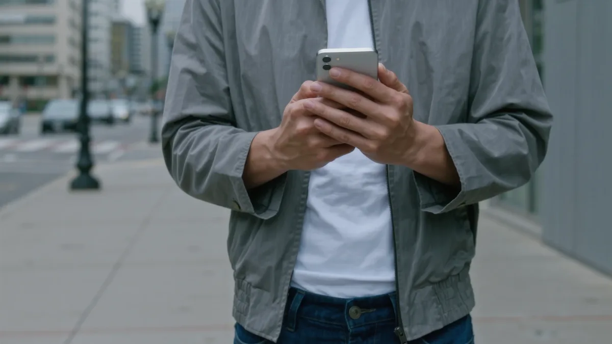 Commuter checking battery stats on phone outdoors