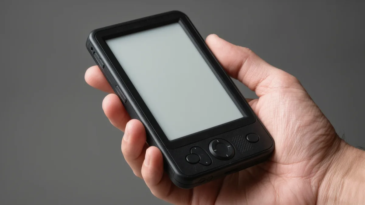 Close-up of a generic unbranded pocket-sized e-ink device held in one hand