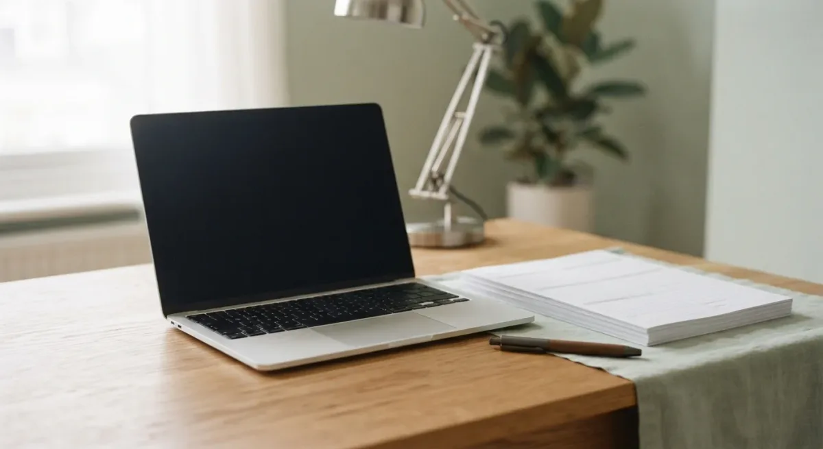 Laptop with blank screen beside printed forms and coffee