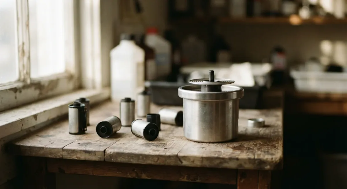 Developing tank and film canisters on a wooden shelf