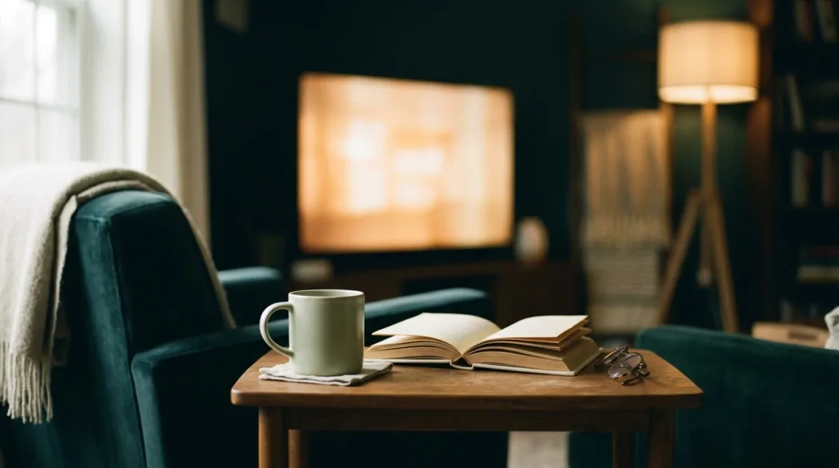 Out-of-focus glowing screen in a dim living room