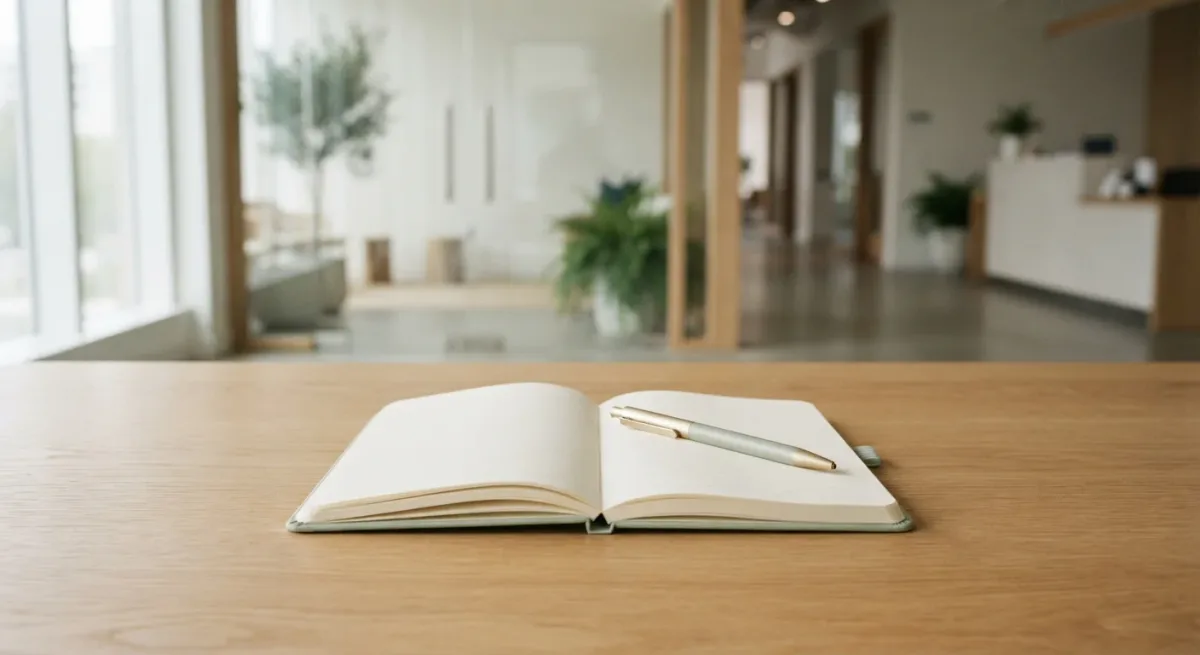Notebook and pen on a desk beside a closed office lobby
