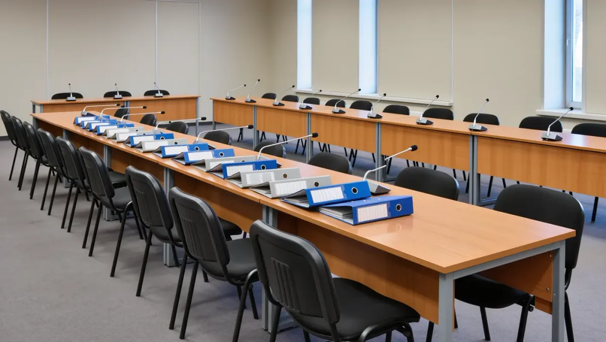 Federal agency meeting room with empty chairs and scattered papers in flat daylight