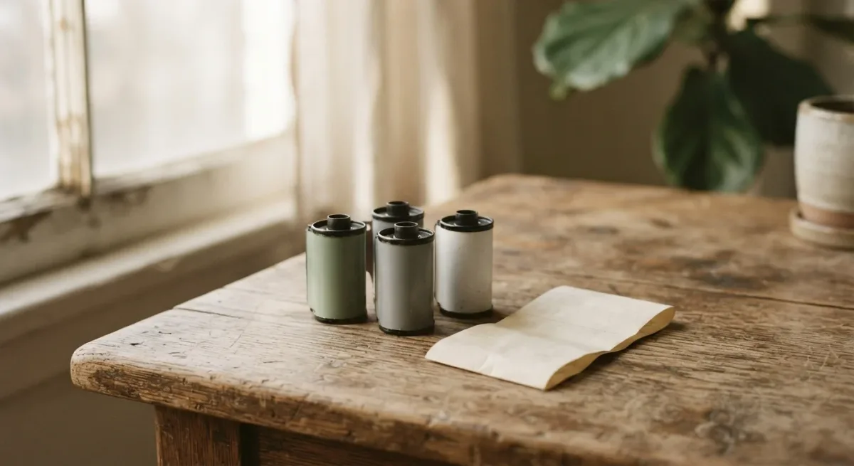 Film canisters beside a paper receipt on wooden table
