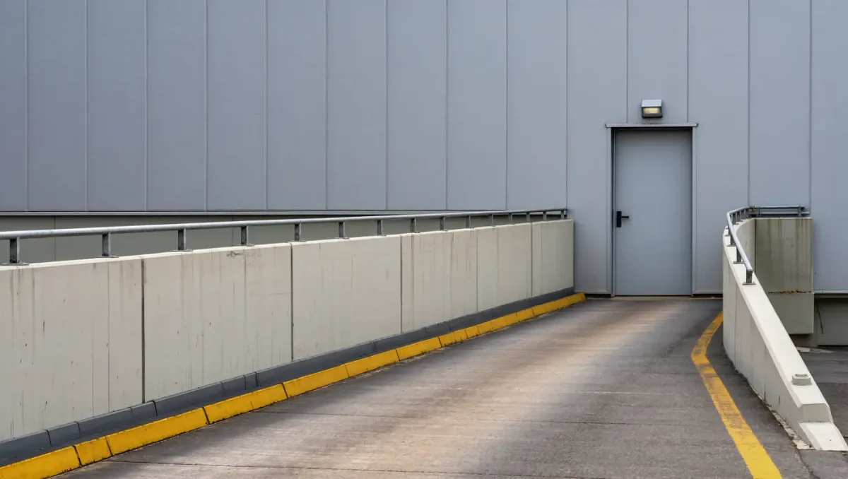 Fading safety line on an empty concrete loading dock under overcast sky