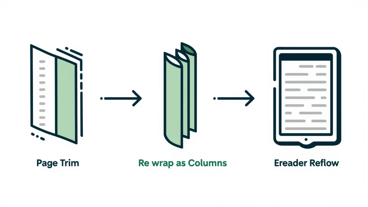 Infographic of PDF repair steps from margins crop to reflow to EPUB conversion