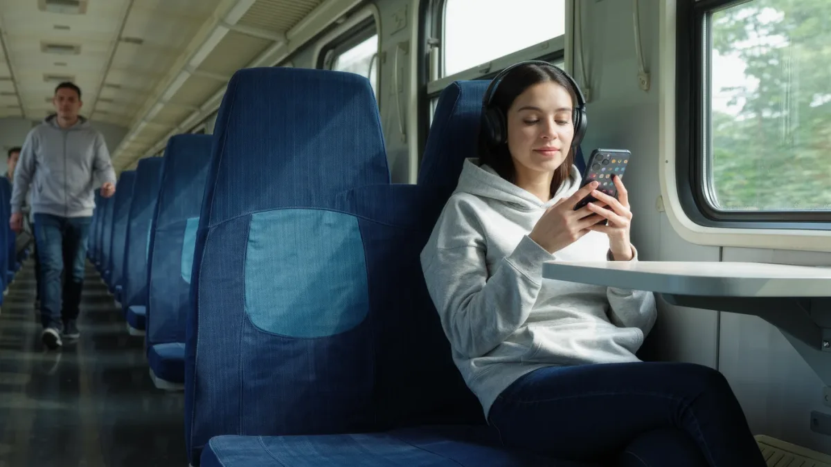 Commuter practicing language app on train with headphones