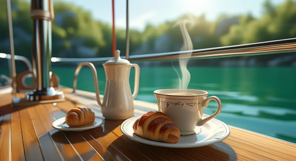 Morning coffee cup on aft deck rail over calm bay