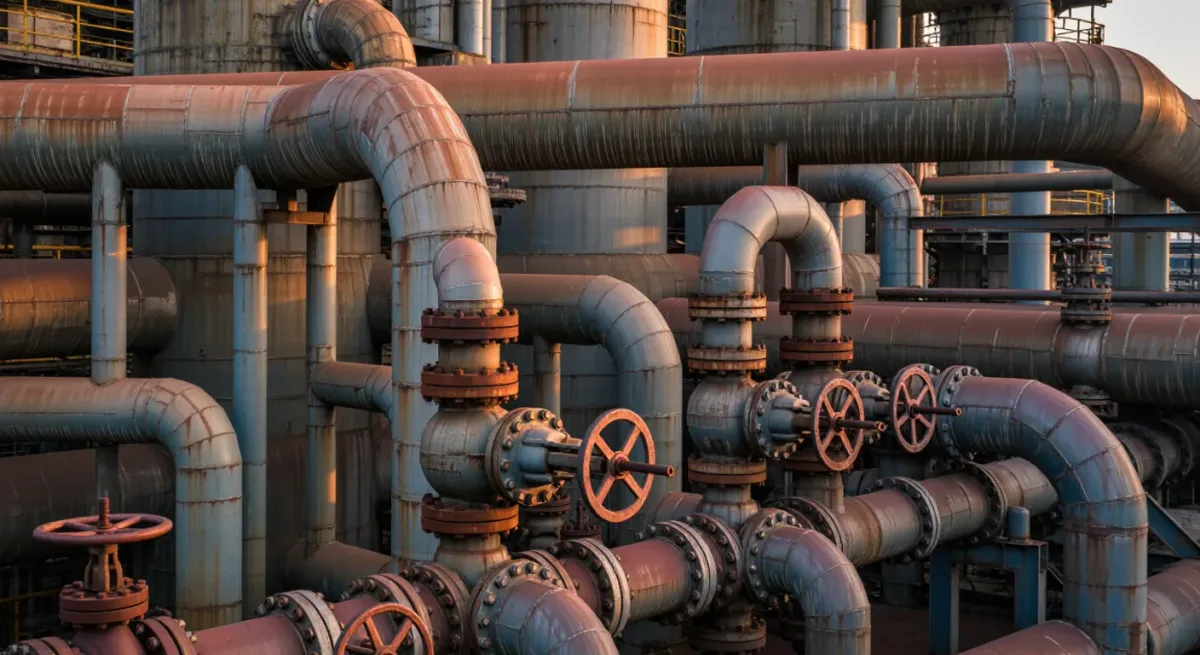 Close view of refinery piping and valve wheels