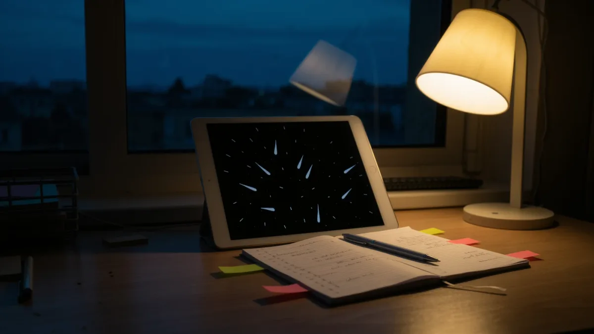 Annotated tablet, notebook, and sticky notes on evening desk