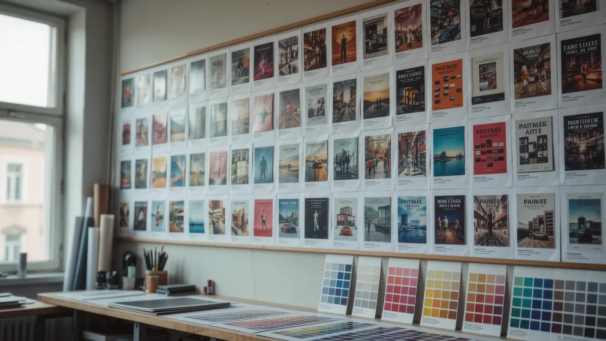 Designer workspace wall of printed ebook cover mockups