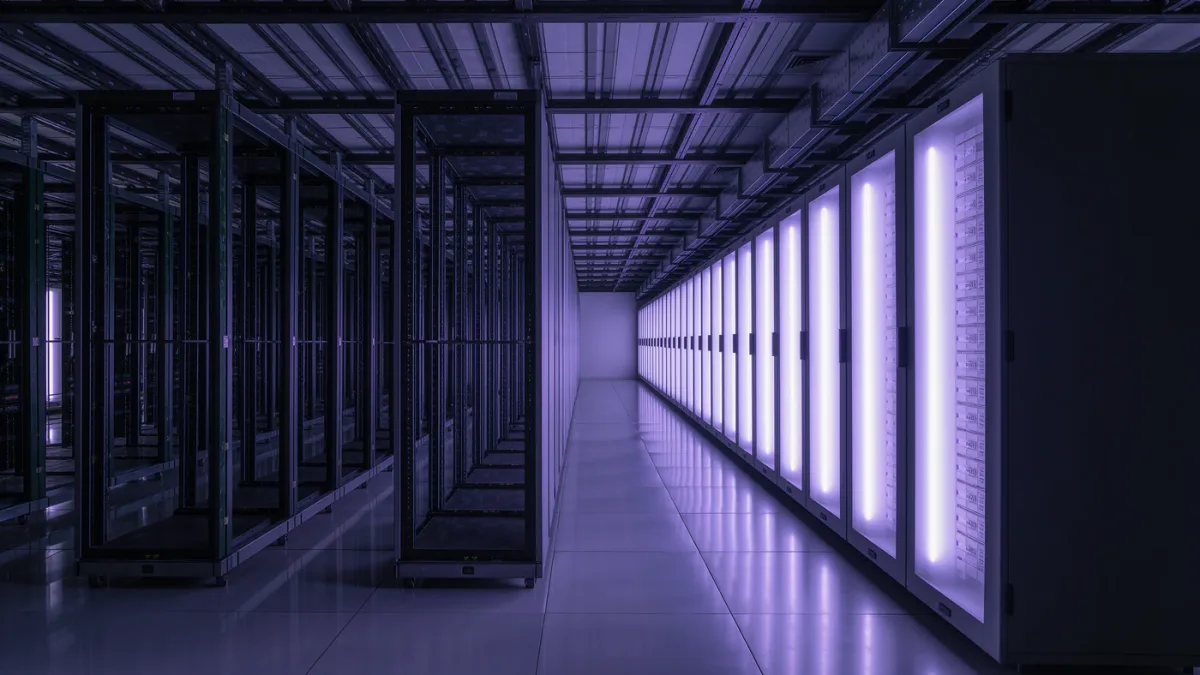 Sealed archive room with legacy racks and a new migration lane glowing