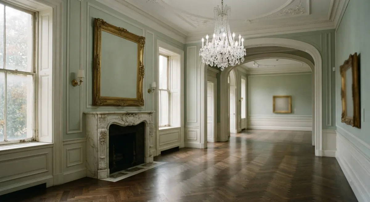 Gilded Age gallery room with parquet floor and chandelier