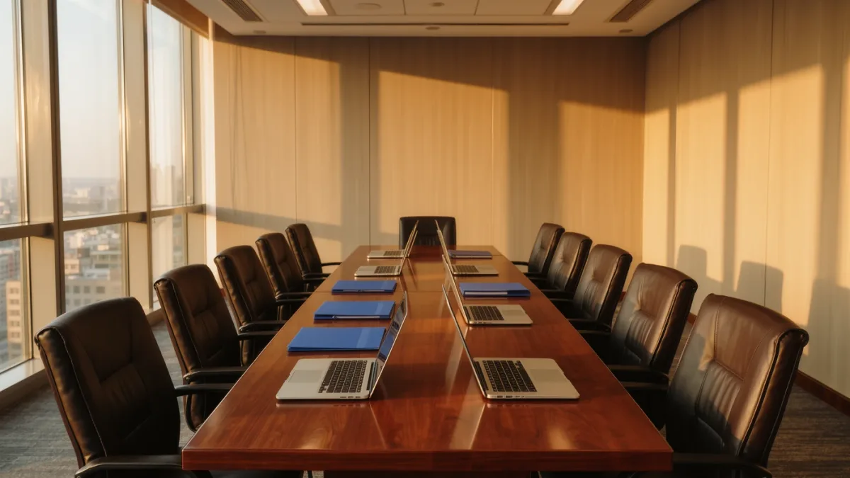 Insurance regulator's empty meeting room with laptops