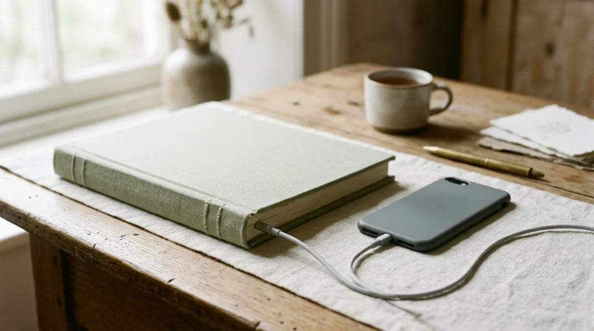 Bank ledger binder connected to a smartphone by a charging cable