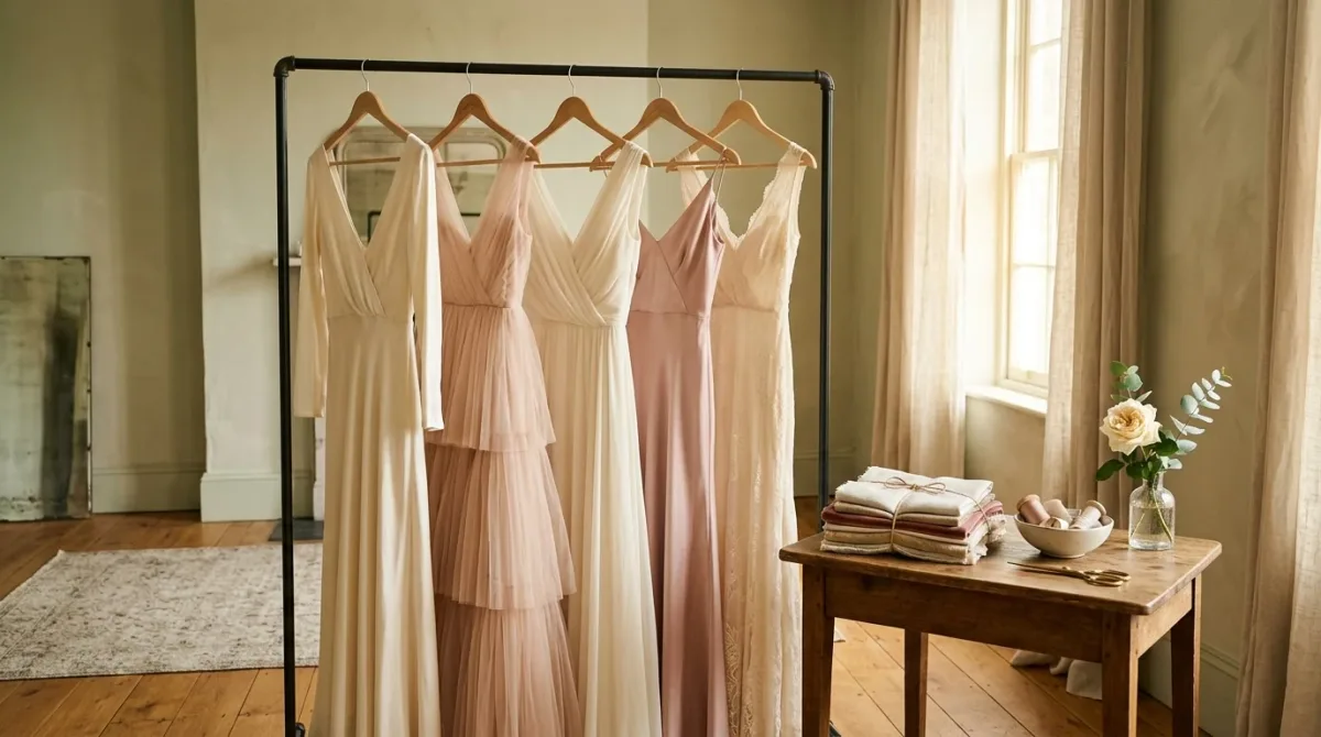 Unbranded garment rack with formal gowns in warm light