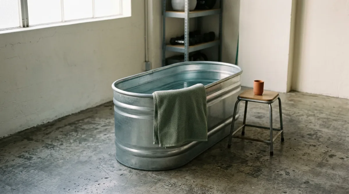 Empty steel tub with water and a towel beside it on a gym floor