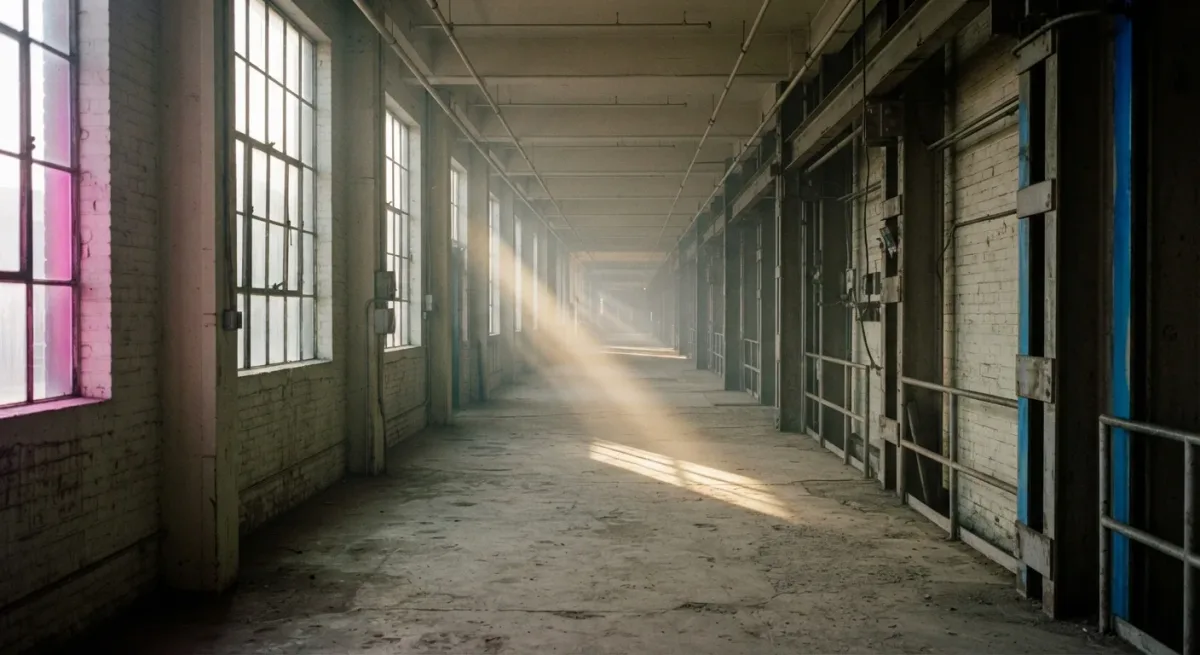 Industrial steel corridor with haze and single beam of light
