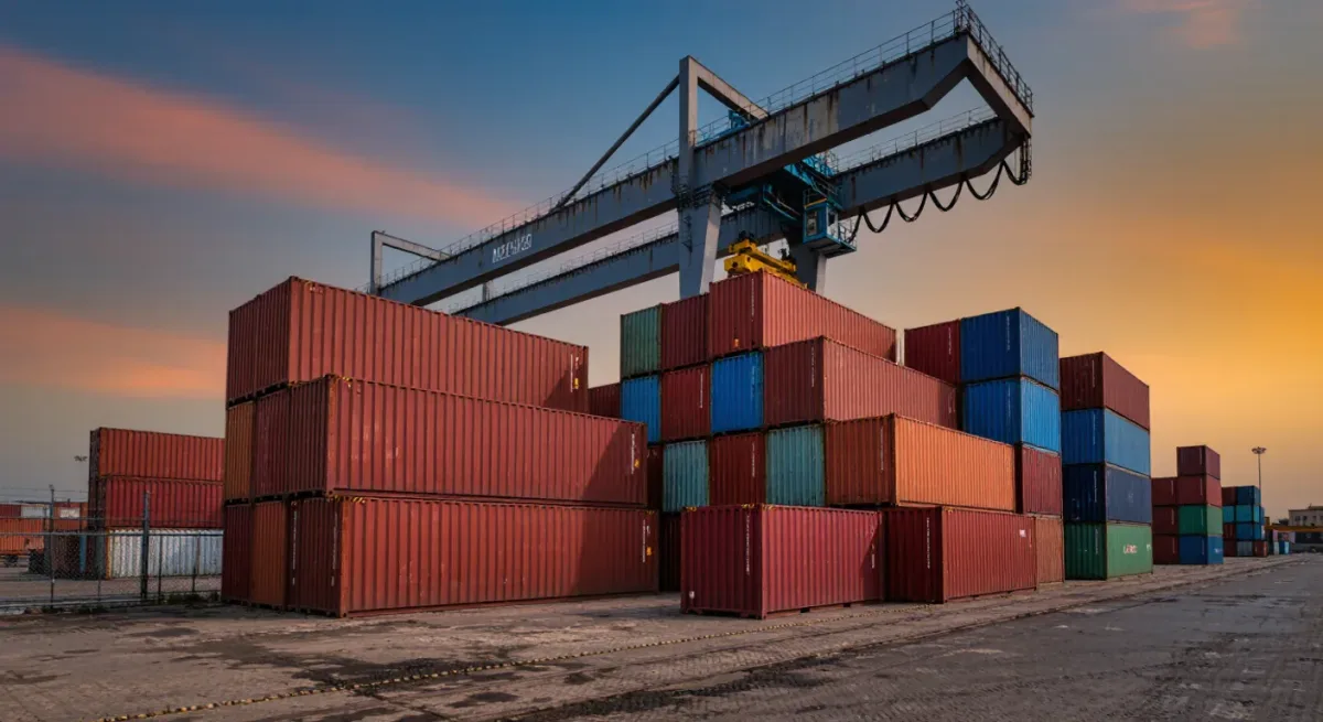 Cargo containers stacked with crane cables overhead
