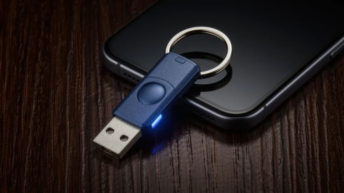 Security key token and smartphone on a desk ready for identity presentation