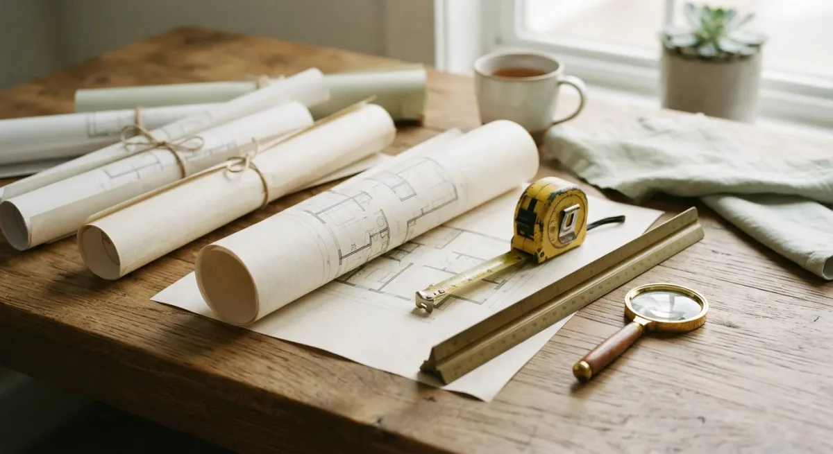 Rolled floor plans, tape measure, and brass ruler on a table