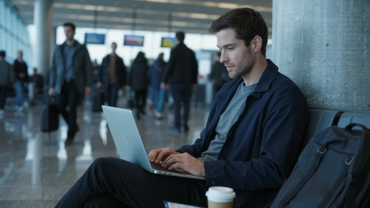 Traveler working on a laptop in a busy airport terminal