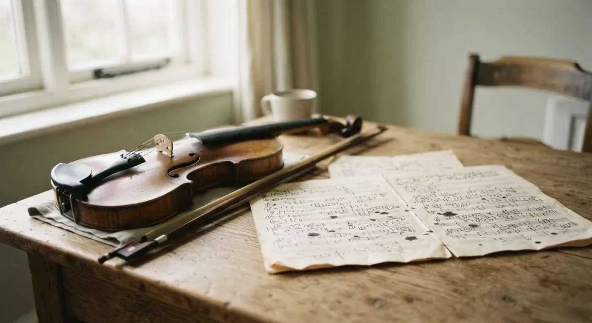 Handwritten sheet-music pages and violin in soft window light