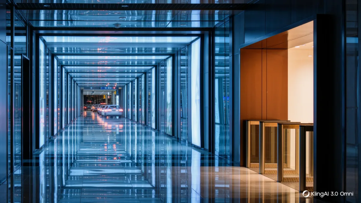 Empty mall corridor of app storefronts with one new lit entrance